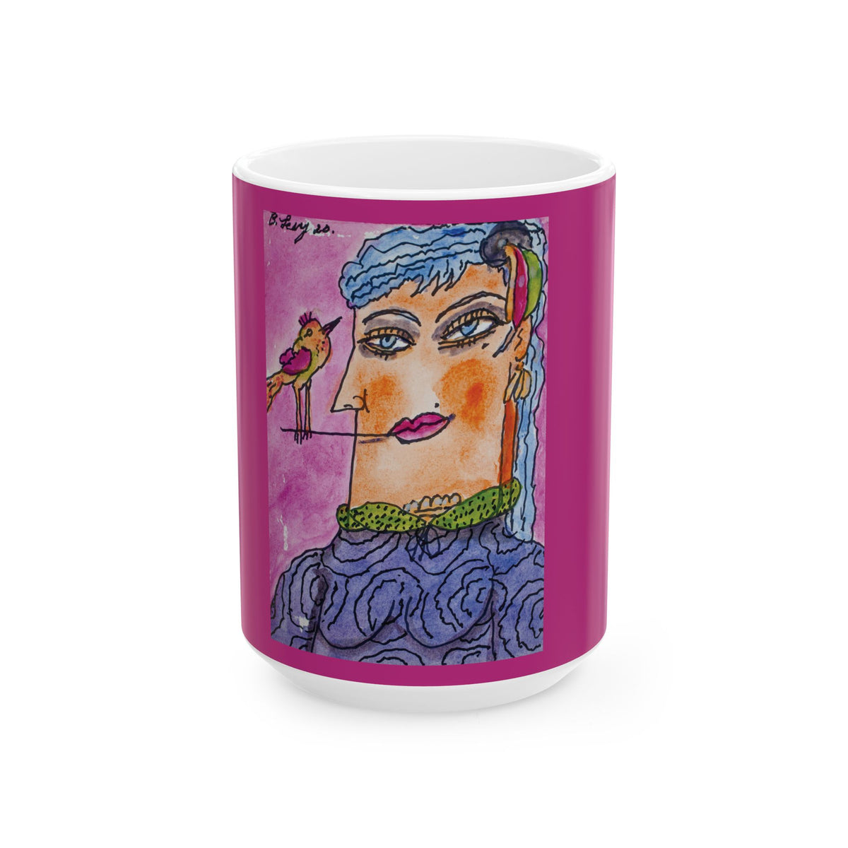 Ceramic Mug, Pink Lady (on Pink) - (Benny's Luv Mugs) Artwork by Benjamin Levy - Limited Edition (11oz, 15oz)