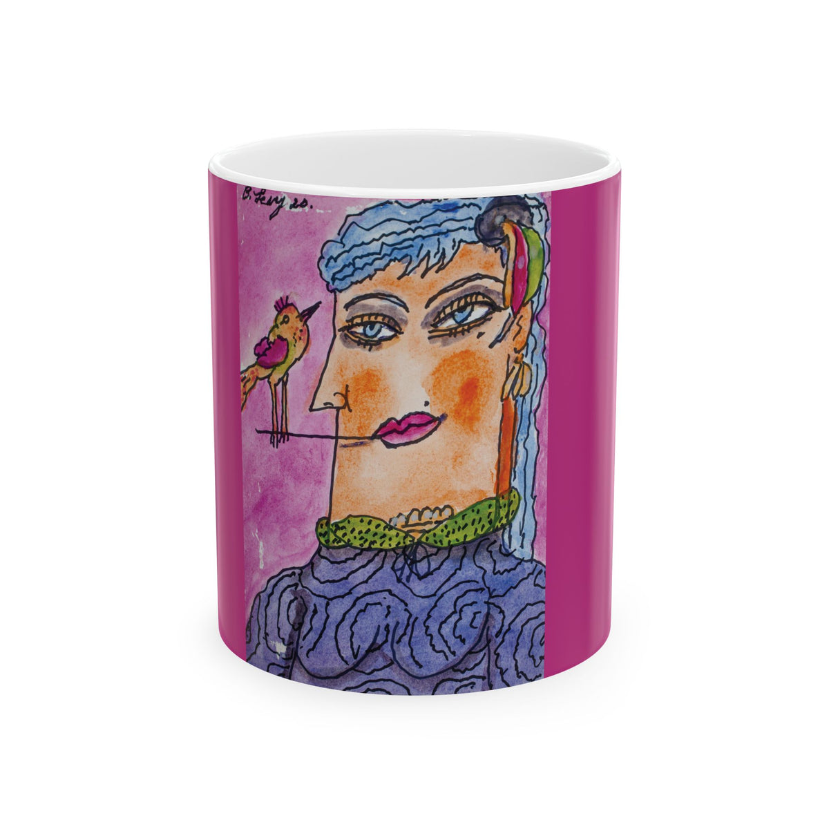 Ceramic Mug, Pink Lady (on Pink) - (Benny’s Luv Mugs ❤️) Artwork by Benjamin Levy - Limited Edition (11oz, 15oz)
